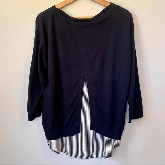 Market & Spruce Navy Blue & Stripe Mock-Layered Knit Crewneck Sweater, Size M - Picture 4 of 10